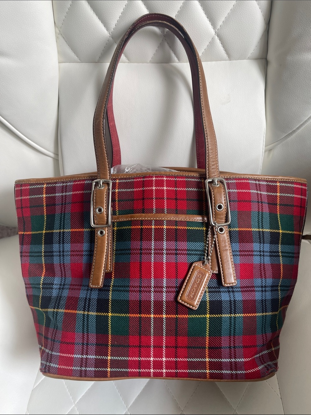 Coach Red Multi Plaid wool Tote